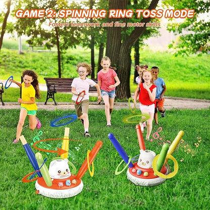 Sports Outdoors Play Set Toys - 5 in 1 Musical Jump Ring Toss Game Stomping Launch Rocket Launcher Basketball Throw for Kids - Indoor Outside Obstacle Avoidance Gifts for Toddlers Ages 4-8 8-13