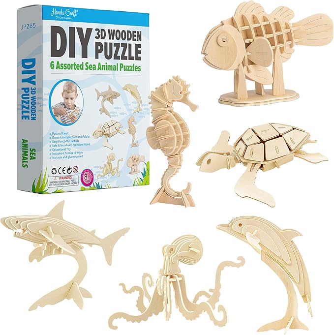 Hands Craft DIY 3D Wooden Puzzle – 6 Assorted Sea Animals Bundle Pack Set Brain Teaser Puzzles Educational STEM Toy Adults and Kids to Build Safe and Non-Toxic Easy Punch Out Premium Wood JP2B5