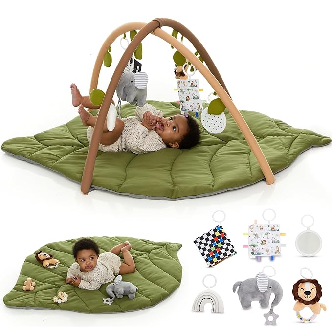 Baby Play Mat & Activity Gym - Tummy Time Mat with 6 Detachable Baby Toys | Oversized Leaf Modern Design Baby Play Gym | Perfect Baby Shower Gifts/Baby Must Haves - Developmental Activities for Baby