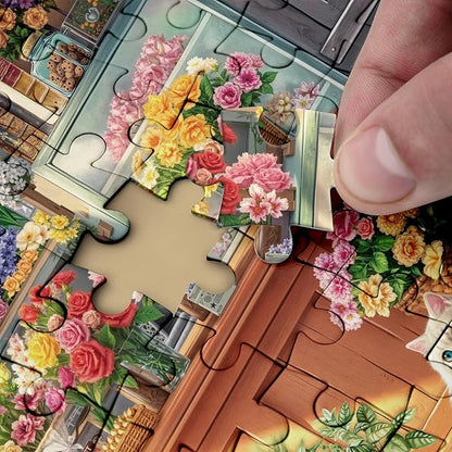 Flower Colorful Shop Puzzle 1000 Pieces for Adults, Spring Floral Plant Cabin Jigsaw Puzzle, Vintage Garden Cat Nature Puzzles