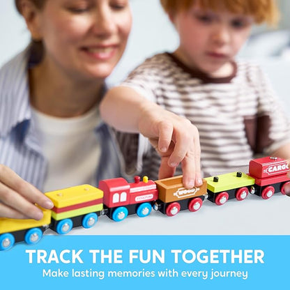 Montessori Wooden Train Toy Set for Kids, 12PCS Magnetic Train Cars with Storage Gift Box, STEM Educational Toy for Boys & Girls, Ages 2-8 Years, Christmas Birthday Party Gift