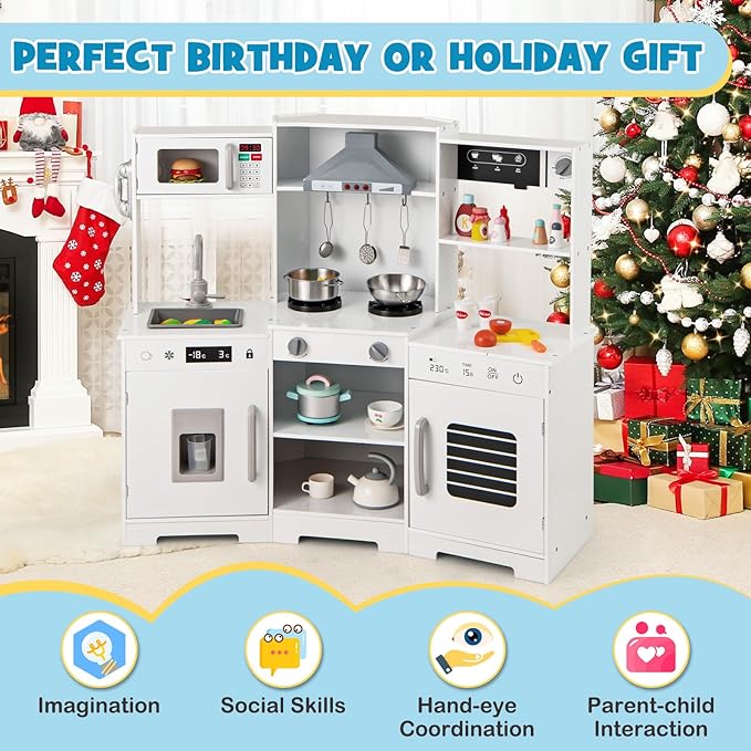 Costzon Corner Kids Kitchen Playset, Wooden Toy Kitchen Set with Range Hood, Ice Maker, Pretend Telephone, Sink, Faucet, Microwave, Oven, Play Kitchen with Lights and Sounds for Toddlers (White)