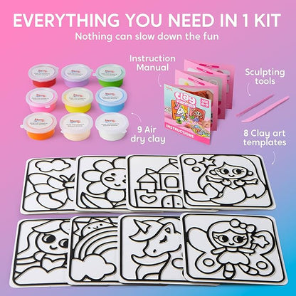 Klever Kits Air Dry Clay Painting, Air Clay Kit for Kids, 8 Pre-grooved Filling and Original Designed Boards, Easy Play and Non Toxic Material, Arts and Crafts for Kids Age 4-9