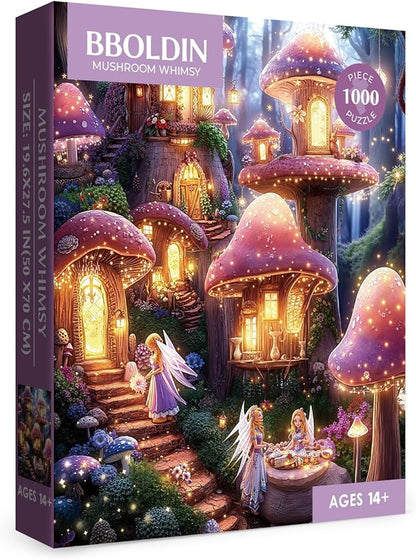 Mushroom Forest Fantasy Puzzle 1000 Pieces for Adults, Magic Fairy House Nature Jigsaw Puzzle, Plant Fungi Elf Puzzles