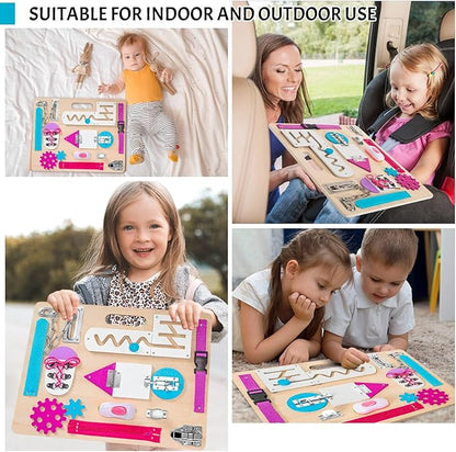 Montessori Busy Board for Toddlers, Wooden Sensory Toys, Kids 1-3 Travel Toy, Preschool Learning Activities for Fine Motor Skills, Basic Life Skills Educational Gifts for 1 2 3 Years Old Girls (Pink)