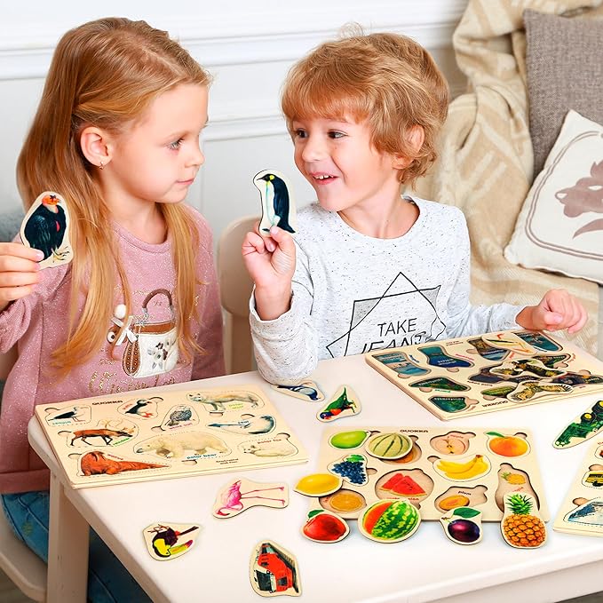 QUOKKA Toddler Puzzles Ages 2-4 in a Bag – 6 Montessori Wooden Puzzles for Toddlers 3-5 Year Old – Preschool Wood Game for Boys and Girls 4-6 – Gift for Learning Realistic Animals Fruits Vehicles