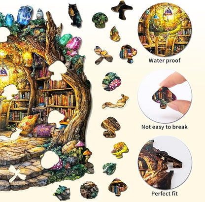 Wooden Puzzle for Adults,Unique Shape Advanced Forest Mushroom House Wooden Jigsaw Puzzle, Gifts for Craft Lovers & Friends, Home Decor.（11.4 * 11.3in 195pcs）