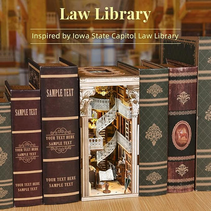 DIY Book Nook Kit for Adults and Teens, Miniature Dollhouse Booknook Kit, 3D Wooden Puzzle Booknook Bookshelf Bookcase Model Build Kit Decor Alley with LED Light (Law Library)