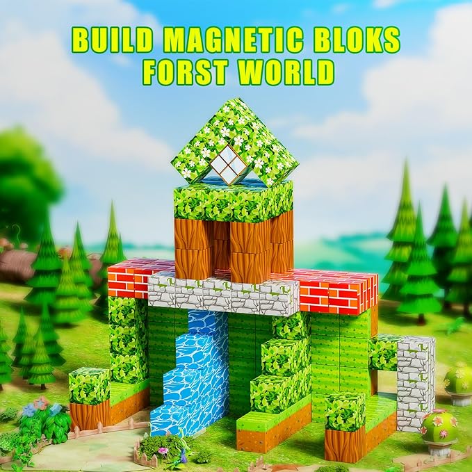 Magnetic Blocks-Build Mine Magnet World Edition, Magnetic Toys for Boys & Girls Age, STEM Montessori Sensory Toys for Toddlers-48pcs