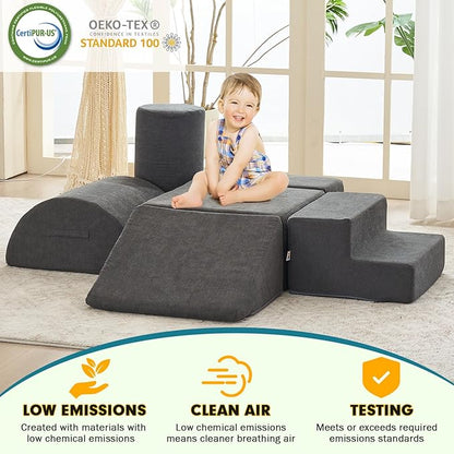 jela Kids Foam Climbing Blocks 6Pcs Soft Play Equipment, Toddler Climbing Toys Indoor Soft Play Climbing Set, Lightweight Climbing Blocks for Babies, Crawling Foam Playset (Miss Fabric Darkgrey)