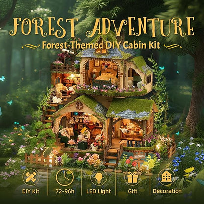 DIY Miniature House Kit with LED Lights, Forest Adventure Wooden Mini House Building Kit for Adults & Teens, Creative Crafts for Women, Friends & Hobbyists