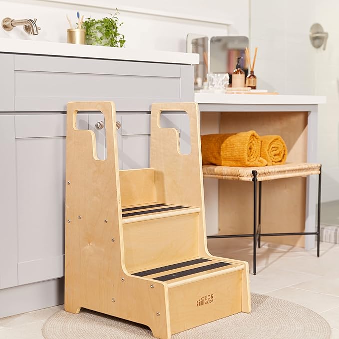 ECR4Kids Reach-Up Step Stool with Handles, Kids Furniture, Natural