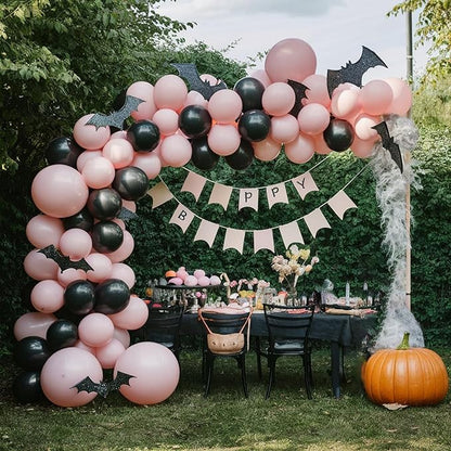 Pink and Black Balloons,12inch Pink Black Silver Halloween Balloons Bat Printed Party Balloons Pastel Pink Black Decoration for Boy Girls Halloween Themed Party Birthdays Holiday Party