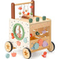 PairPear Wooden Baby Walker,6 in 1 Dinosaur Play Walker Adjustable Speed Push Cart with Brake & Shape Sorter,Natural Solid Wood Activity Center Toy for Toddlers 12M+