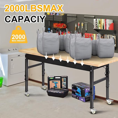 70'' Adjustable Workbench, Rubber Wood Top Work Bench Heavy-Duty Work Table with Socket, Wheels and Fixed Legs 2000 LBS Load Capacity Hardwood Sewing Table for Garage, Workshop, Home, Office