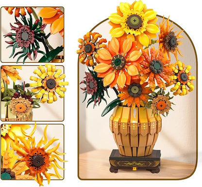Sunflower Building Set with Lights Vase Base, Flowers Botanical Collection Building Block Home Decor, 1180PCS Art Flower Bouquet Bonsai Plant Building Kit Gift for Adults Teens Girls Boys 12+