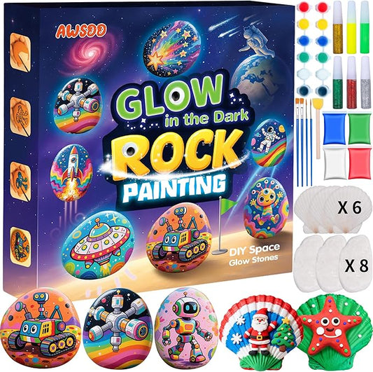 Awsoo Shell & Rock Painting Kit- Space and Rocky Glow in The Dark Arts and Crafts for Kids Ages 8 9 10 11 12, Art Supplies Craft Paint Kits, Birthday Party Gift Toy