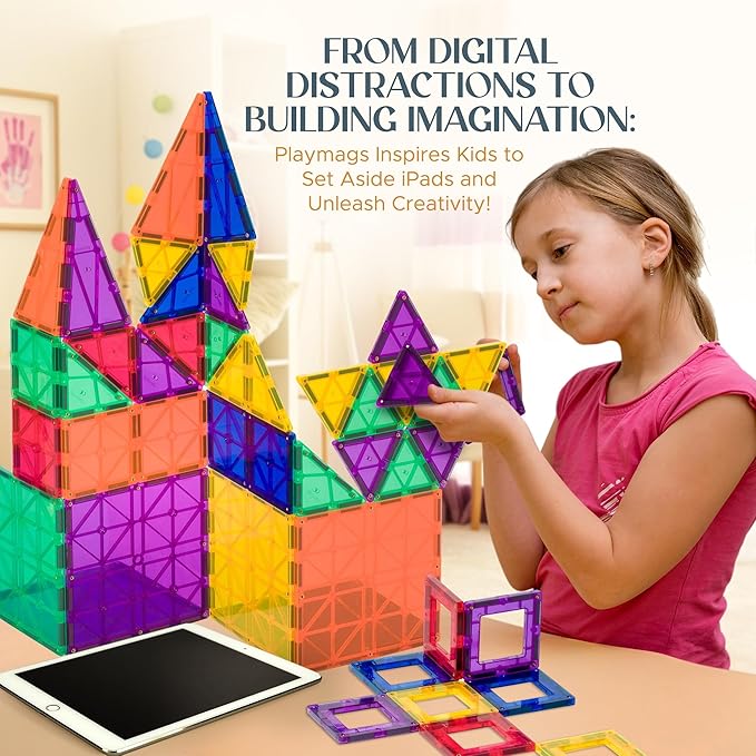 Playmags Magnetic Tiles for Kids – 100pcs Magnet Building Set for Toddlers Ages 1-5 | Stem Montessori Toy for 2 3 4 Year Old Boys & Girls | Toys for Toddlers, Preschool & Middle School Children