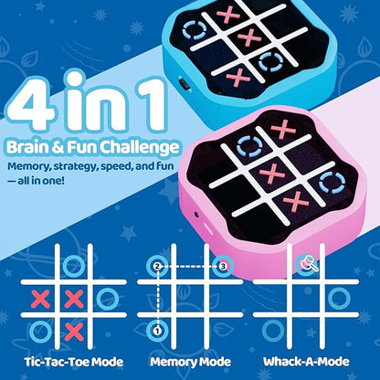 4-in-1 Rechargeable Electronic Tic Tac Toe Game – Handheld Travel Toy with Memory & Whack-a-Mole, Silent Mode, Fun for Kids & Adults, Ages 3+, Blue