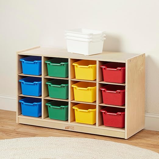 ECR4Kids 12 Cubby Mobile Tray Cabinet with 15 Scoop Front Storage Bins, 3x4, Natural, Classroom Furniture, Assorted