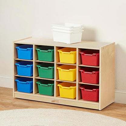 ECR4Kids 12 Cubby Mobile Tray Cabinet with 15 Scoop Front Storage Bins, 3x4, Natural, Classroom Furniture, Assorted