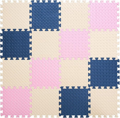 Foam Floor Mats for Kids, 12 x 12 Inch 16 Tiles 0.4" thickness Foam Play Mat, Non-Toxic Square Interlocking Floor Mats Rubber Baby Play Mat for Toddlers(Beige/Dark Blue/Pink)