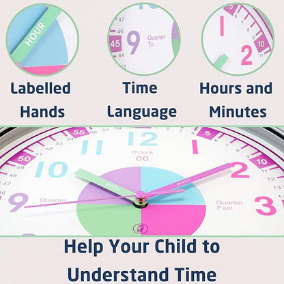 OWLCONIC Telling Time Teaching Clock for Kids - Analog for Bedrooms, Playroom, Homeschool Decor, School Classroom Learning, Educational for Learning to Tell Time
