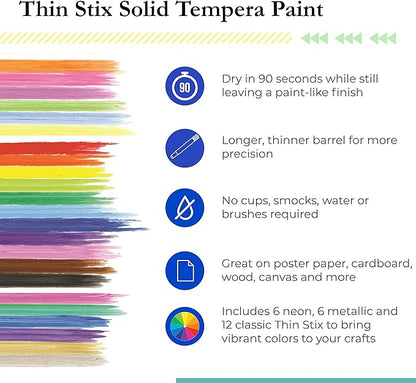 Kwik Stix Solid Tempera Paints, Thin Stix Paint Pens, Super Quick Drying, 6 Neon, 6 Metalix & 12 Classic Vibrant Colors - 24 Pack - TPG-620