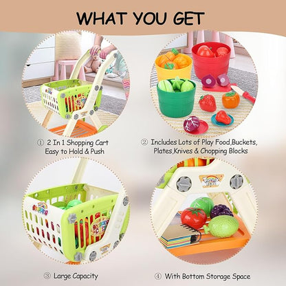 Kids Shopping Cart with Cutting Play Food Set for Kid Kitchen, 2 in 1 Shopping Cart for Kids Grocery Store Pretend Play Kitchen Accessories Sorting Food Bucket Learning Toys Gift for Toddler 3-5