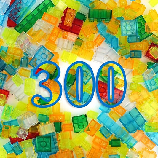 300PCS Transparent Clear Building Bricks Set, Compatible with Classic Blocks Parts and Pieces, 8 Shapes Bulk Bricks in Random Color for Boys