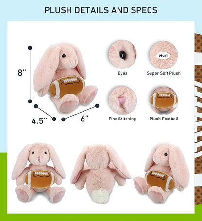 DolliBu Baby Pink Rabbit Stuffed Animal with Football Plush - Soft Huggable, Playtime Plush Toy, Cute Farm Life Gift, Plush Doll Animal Toy for Kids and Adults with Name Personalization - 8 Inches