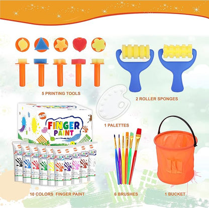 Early Learning Kids Paint Kit Washable Finger Paints with Assorted Painting Brushes Stamps Sponges Palette for Toddlers Children Crafts Drawing Gift Age 3+