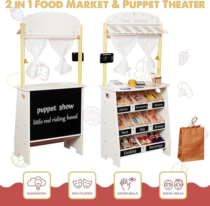 Kids Grocery Store Playset,Pretend Play Store Toy & Wooden Supermarket Shopping Cart with Toy Cash Register, Play Money&Blackboard;26PCS Food Toys Shop for 3+ year old boys girls toddler baby