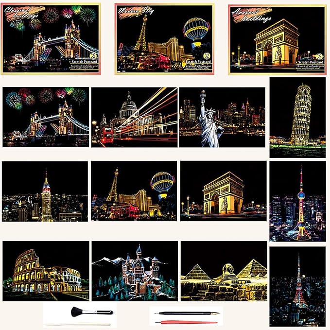 Georgie Porgy Scratch Paper Art Set DIY Arts and Crafts Kits for Kids Adults Magic Rainbow Scratch Postcards for Christmas Birthday Gift with Scratching Tools Kit (Classical Ancient Modern City)