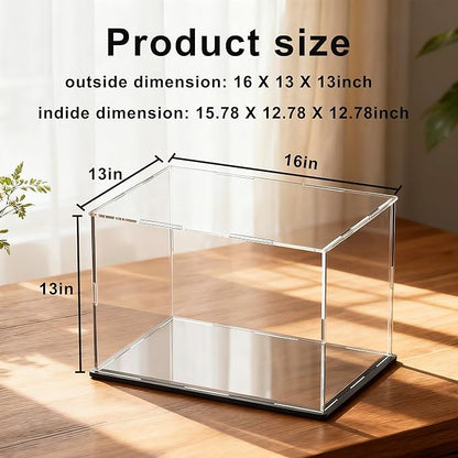 Large Acrylic Display Case for Figures, Clear Acrylic Box with Black Base for showcaseing Miniature, Toys, Collectables and Dolls 16 (L) × 13 (W) × 13 (H) inch