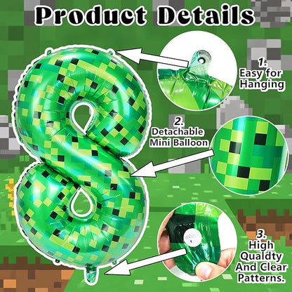 40in Pixel Giant Number 8 Balloon Birthday Decorations, Miner Theme Green Foil Balloons Blast Gaming Party Supplies