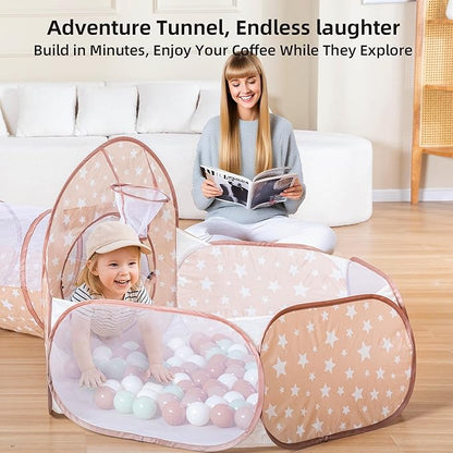 3-in-1 Kids Play Tent with Tunnel & Ball Pit for Toddlers 1-3, Indoor Outdoor Playhouse, Easy Pop Up, Portable Play Tents for Toddlers