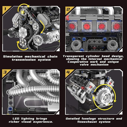 SVJ Sports Car Engine Building Blocks Kit,V8 Engine Model That Work Toy,with Motor, LED Light & APP Control for 6+ Years Kids Adults (715 Pieces)