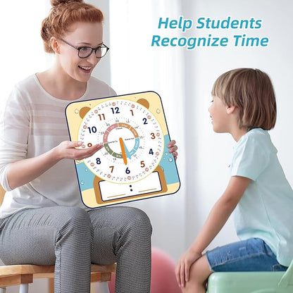 Large 12" Magnetic Writable Dry Erase Teaching Clock with Cute Style, Teaching Demonstration Clock for Kids Learning Practice Time for Home School Classroom Supplies (12" x11"-Beige)