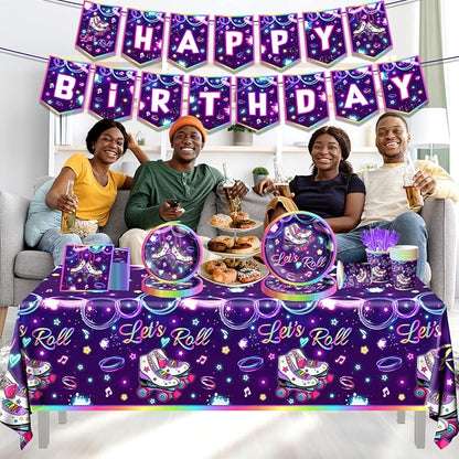 Roller Skating Party Supplies,142Pcs Roller Skating Party Decorations Tableware Set Include Plates Napkins Cups Banner Tablecloth for Let's Roll Birthday Birthday Party Decorations, Serve 20