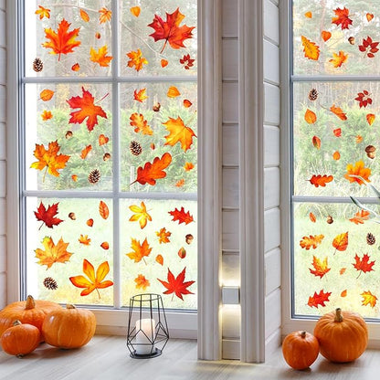Whaline 9 Sheet Fall Window Clings Watercolor Orange-Brown Maple Leaves Pine Cone Acorn Double-Sided Reusable Windows Decals for Autumn Thanksgiving Halloween Home Windows Glass Holiday Decor