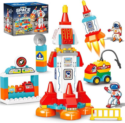 Building Blocks for Toddlers 1-3-5, 131 Pcs Space Rocket STEM DIY Big Classic Building Bricks Toys Set for Kids Ages 2-4-5-8, Compatible With All Major Brands, Spaceship Gift Toy for 3-5 Boys Girls