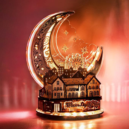 3D DIY Puzzle Moon City Model - LED 3D Wood Puzzle - 3D Wooden Puzzles for Adults Home Décor Gifts for Kids and Adults, White