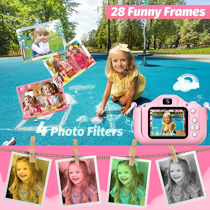 Goopow Kids Selfie Camera Toys for Girls Age 3-9, Digital Video Camera Toy with Protective Cover,Christmas Birthday Festival Gifts for 3-9 Year Old Girls Boys- 32GB SD Card Included (DC-H21-PINK)