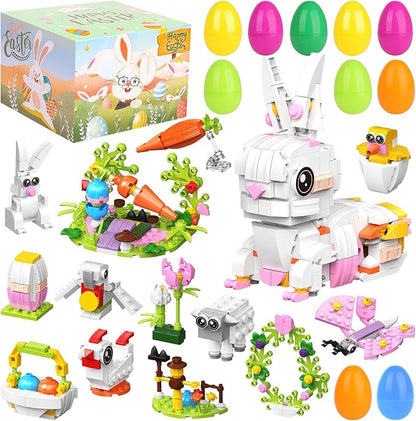 Easter Bunny Building Blocks Set: 12 in 1 Bunny Basket Stuffers Gifts Eggs Fillers Toy for Teen Kids - Cute Party Favors Box Easter Building Toys Sets 12 Eggs Kids Girls
