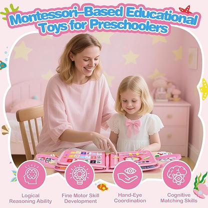 Busy Book Toddler, Montessori Busy Board, Activity Sensory Toys 2025 for Toddler Girls Christmas Birthday Gift, Educational Learning Quiet Book for Kids, Travel Toy for Airplane Car