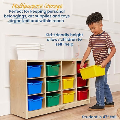 ECR4Kids 12 Cubby Mobile Tray Cabinet with 15 Scoop Front Storage Bins, 3x4, Natural, Classroom Furniture, Assorted