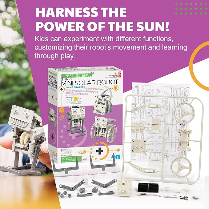 Green Science - 3-in-1 Mini Solar Robot Toys - STEM Toys Educational Kit for Kids - Solar Powered Climbing, Walking & Running Robots - DIY Science Experiment Toy for Learning & Fun