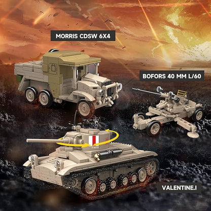 5 in 1WW2 Army Tank Toys Building Set Compatible with Lego British Military Vehicles(1260 Pcs),Create UK Ordnance QF 2-Pounder&Morris CDSW 6X4,Valentine.I Transport Vehicles Military Toy Gift for Boy