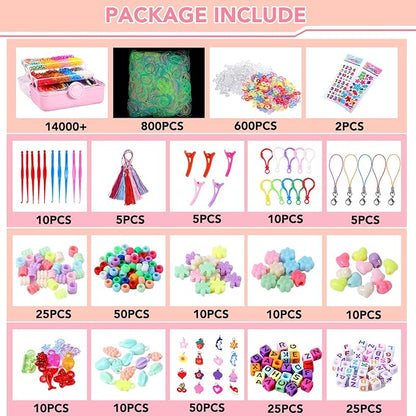 SUMAJU 18500+ Bracelet Making Kit Rubber Band, 26 Colors Rubberband Bracelet Kit with 3 Layer Container Includes Glow-in-The-Dark Rubber Bands, Bracelet Making Refill Kit Birthday Gift for Kids(Pink)